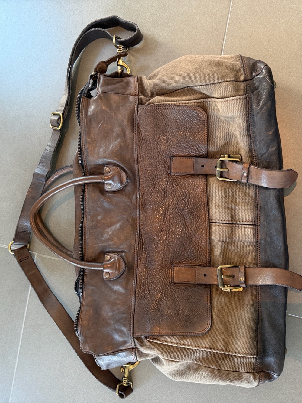Campomaggi Nelson Brown Leather & Canvas Messenger Bag with Adjustable Strap